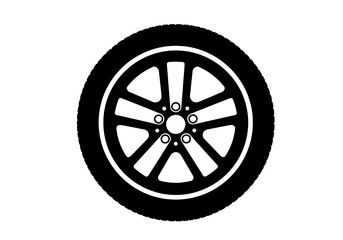 Fototapeta premium A black and white graphic illustration of a car tire with a five spoke rim on a white background