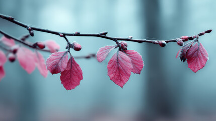 Close-Up of Red Leaves Covered in Dew Swaying in a Misty Forest