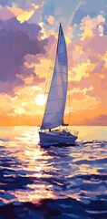 Fototapeta premium A sailboat with its sails billowing in the wind, gliding on calm waters as it sets against