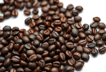Fototapeta premium Close-up of dark roasted coffee beans, isolated on white, coffee shop, coffee culture
