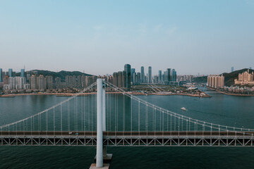 Aerial photography of Dalian Cross-sea Bridge and Xinghai Bay Bridge, taken in Dalian, Liaoning Province, China
