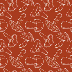 Seamless pattern of line art style mushroom fly agaric, Boletus, Chanterelle, Niscalo, Shiitake on a red background. Perfect for food packaging, vegetable store print and organic design.