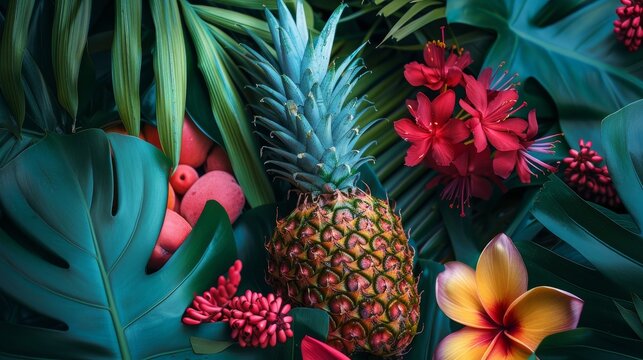 A vibrant pineapple and exotic flowers among lush green leaves create a breathtaking tropical paradise