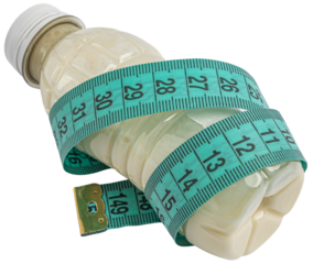 white bottle of yogurt wrapped in blue tape measure in centimeter