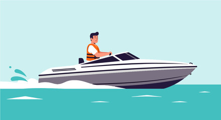 A person drives a sleek white speedboat with a life vest on the sea Perfect for summer vacation and water activities.