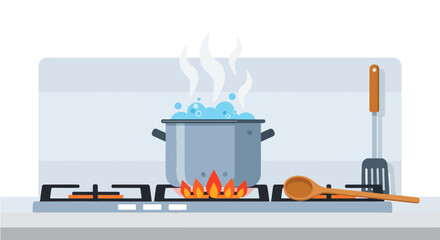 A gray pot boils on a lit gas stove top, creating steam and bubbles as it cooks, ready for preparing food.