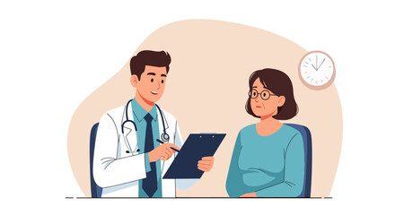 Fototapeta premium A doctor is consulting with a patient in a modern office setting, complete with a medical wellness poster and clock, perfect for healthcare concepts.