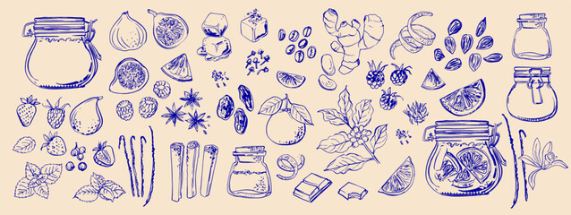 Hand drawn line food illustration vector. Coffee, breakfast, buns.