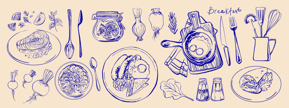 Hand drawn line food illustration vector. Coffee, breakfast, buns.
