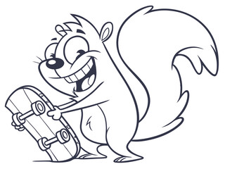Obraz premium Cartoon squirrel smiling with a skateboard black and white illustration