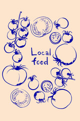 Hand drawn line food illustration vector. Blue line poster on beige background. Elegant design for kitchen. Farmers Market, Vegetables and Herbs