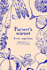 Hand drawn line food illustration vector. Blue line poster on beige background. Elegant design for kitchen. Farmers Market, Vegetables and Herbs