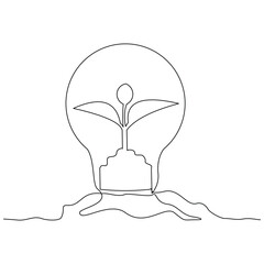 Continuous line drawing of light bulb with sprout seed plant growth. Green electric energy sketch art editable stroke vector illustration
