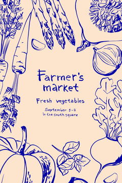 Hand drawn line food illustration vector. Blue line poster on beige background. Elegant design for kitchen. Farmers Market, Vegetables and Herbs