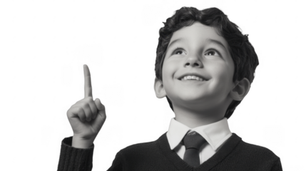 Cheerful boy pointing upward looking at something on a transparent background, PNG image, PNG file.