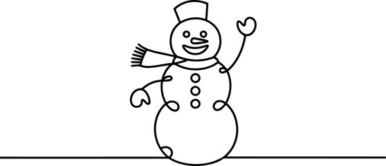Happy snowman waving. Christmas continuous one line art drawing. Vector illustration.