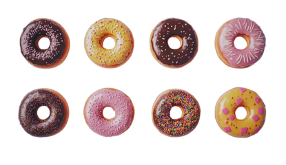 Nine colorful glazed donuts in various toppings arranged in a grid