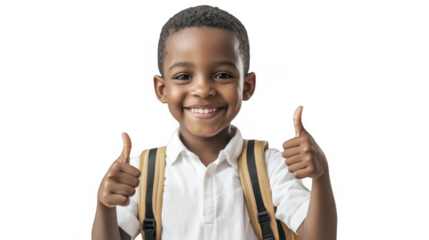 Smiling African Boy with Backpack Giving Thumbs Up on a transparent background, PNG image, PNG file.
