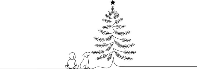 Child and dog watching Christmas tree. Continuous one line art drawing. Vector illustration.