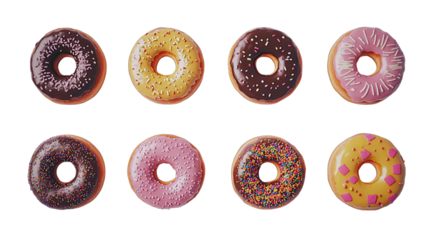 Nine colorful glazed donuts in various toppings arranged in a grid