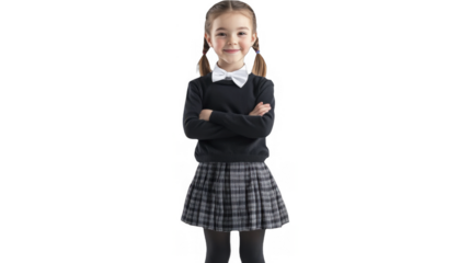 Cheerful schoolgirl with crossed arms, smiling on a transparent background, PNG image, PNG file.