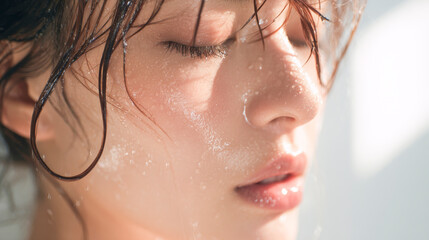 濡れた素肌に自然光が当たるしっとりとしたビューティー表現