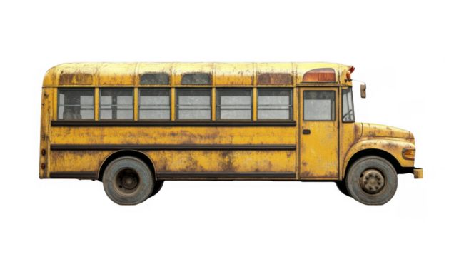 Dilapidated yellow school bus with rust on a transparent background, PNG image, PNG file.