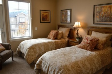 Comfortable bedroom interior with two twin beds and warm decor offering a cozy space for rest