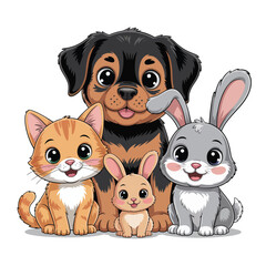 Adorable Cartoon Pets Group Cat, Dog, and Rabbits
