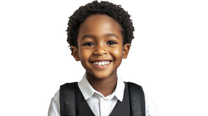 Smiling African boy with backpack on a transparent background, PNG image, PNG file.