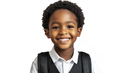 Smiling African boy with backpack on a transparent background, PNG image, PNG file.