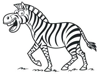 Cheerful cartoon zebra walking and smiling in black and white