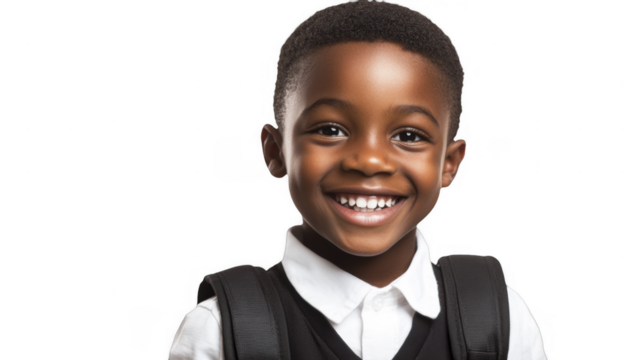 Smiling African child with backpack on a transparent background, PNG image, PNG file.