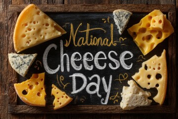 Delicious Assortment of Cheeses Celebrates National Cheese Day on a Rustic Blackboard