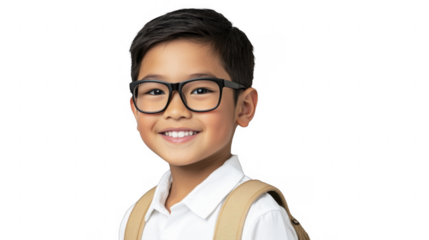 Smiling Asian Boy with Backpack on a transparent background, PNG image, PNG file.