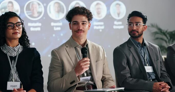 Mic, speaker and man in conference speech for climate change, awareness and renewable energy. Presentation, forum and people on stage in panel discussion for sustainability or eco friendly convention