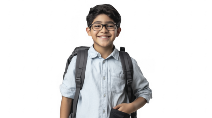 Smiling Indian boy with backpack wearing glasses on a transparent background, PNG image, PNG file.