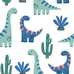 Seamless vector pattern with cute dinosaurs in a whimsical children’s style on a white background. Ideal for kids’ fabric, nursery decor, baby clothes, wrapping paper, and playful designs.