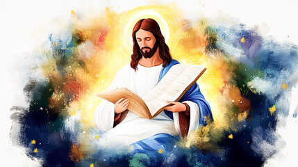 Jesus Christ reading the Holy Bible gospel Christianity spiritual religious belief faith holiness divine light wisdom knowledge scripture devotion prayer hope love peace god son of god messiah savior