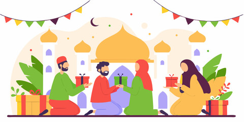 Fototapeta premium Eid al-Fitr Celebration at Mosque with Family in Festive Islamic Setting