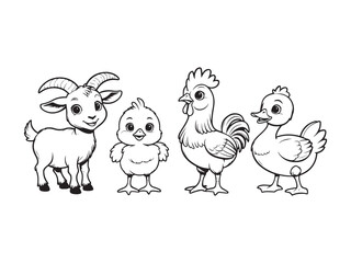 Adorable black and white illustrations of farm animals for childrens book design