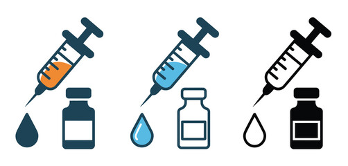 Vaccination Syringe Icons Set with Vial and Droplet