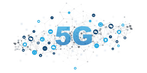 An illustration of 5G wireless network technology and Internet of Things (IoT), featuring a global network background, connected smart devices, and icons for mobility, communication and automation