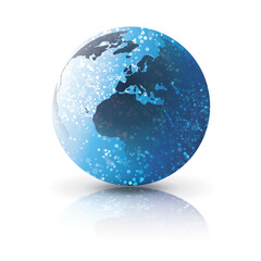 A stylized globe vector with glowing white dots and a subtle blue gradient on a white background. The Earth map design suggests global connectivity, data exchange, and digital communication.