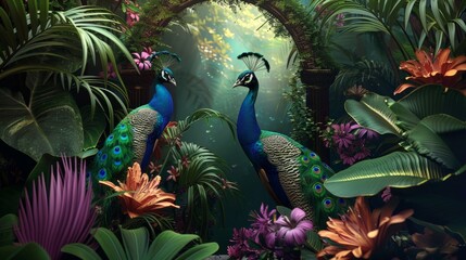 tropical leaves greenery with green leaves and colorful peacock birds over black background
