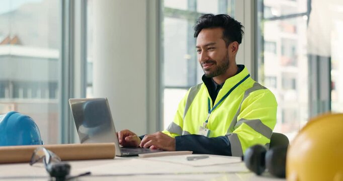 Research, happy man or architect on laptop in office for renovation, engineering or project management. Typing, builder or contractor in construction job for development with smile and confidence