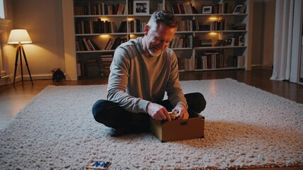Nostalgic man rediscovering old photos and objects from his past, sitting on the floor in his living room