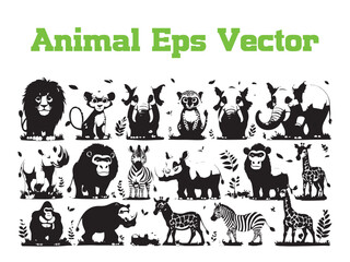 Black and white animal illustrations featuring lions zebras giraffes elephants and other safari creatures.