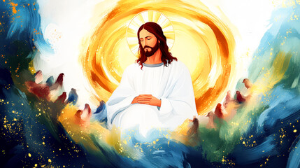 Jesus Christ Painting Divine Savior Golden Halo Peaceful Doves Religious Art Christian Faith Holy Spirit God Son Redeemer Messiah Spiritual Artwork Biblical Illustration Mural Canvas Print Church