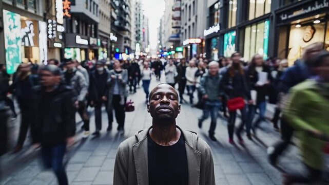 Young black man stands still with his eyes closed, finding peace in the middle of a blurred, fast moving crowd on a busy city street
